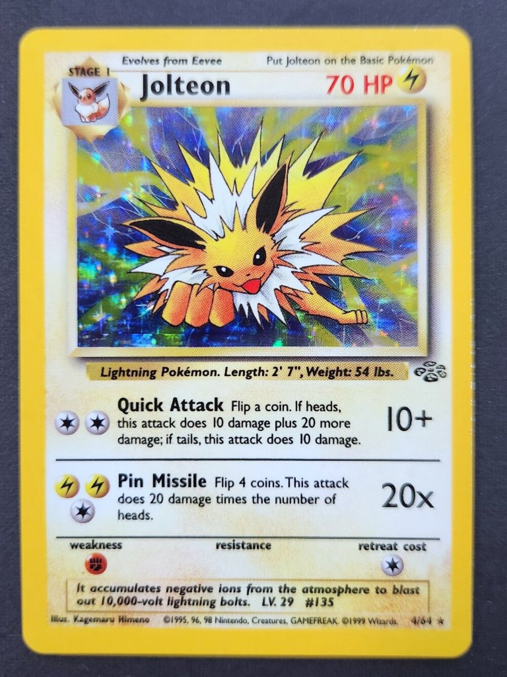 Jolteon 4/64 Jungle Set Holo Rare Pokemon Card 1999 WOTC Vintage Lightly Played